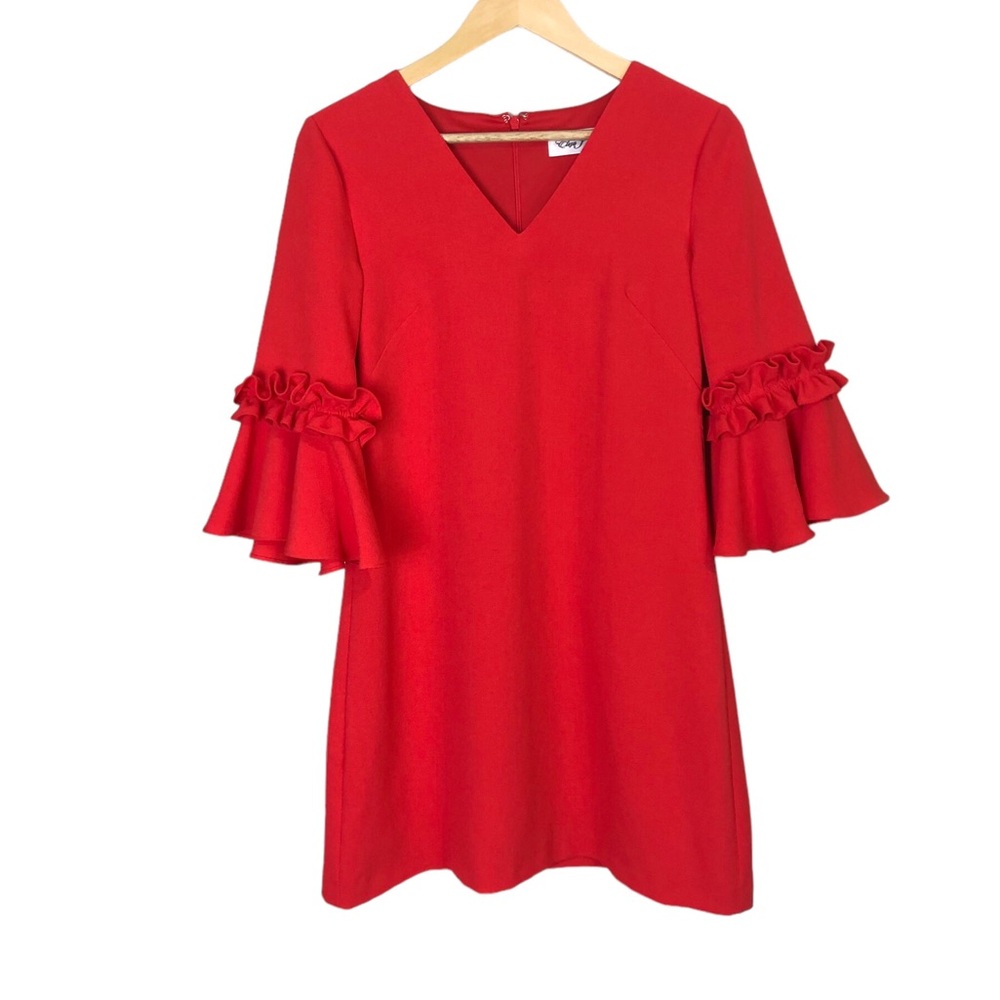 Eliza J Crepe Ruffle Bell Sleeve V-Neck Shift Dress Size 8 Petite